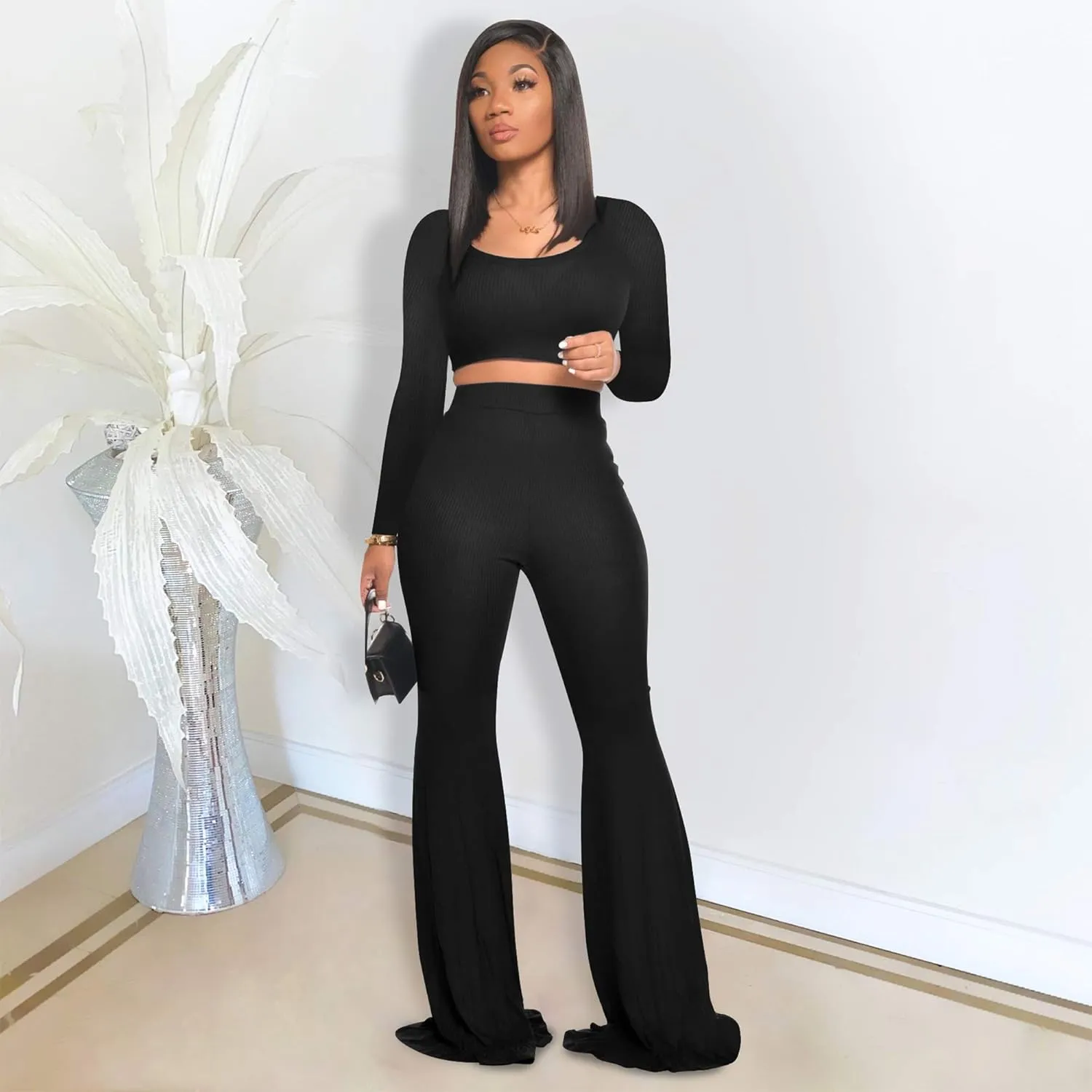 Two Piece Outfits for Women Sexy Crop Top   Flared Long Pants Sweat Suits Ribbed Fitted Tracksuits Yoga Set
