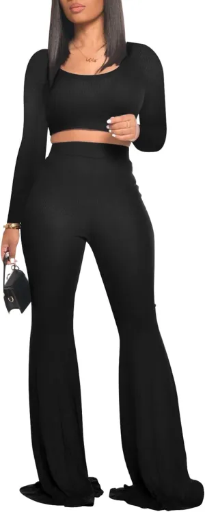Two Piece Outfits for Women Sexy Crop Top   Flared Long Pants Sweat Suits Ribbed Fitted Tracksuits Yoga Set