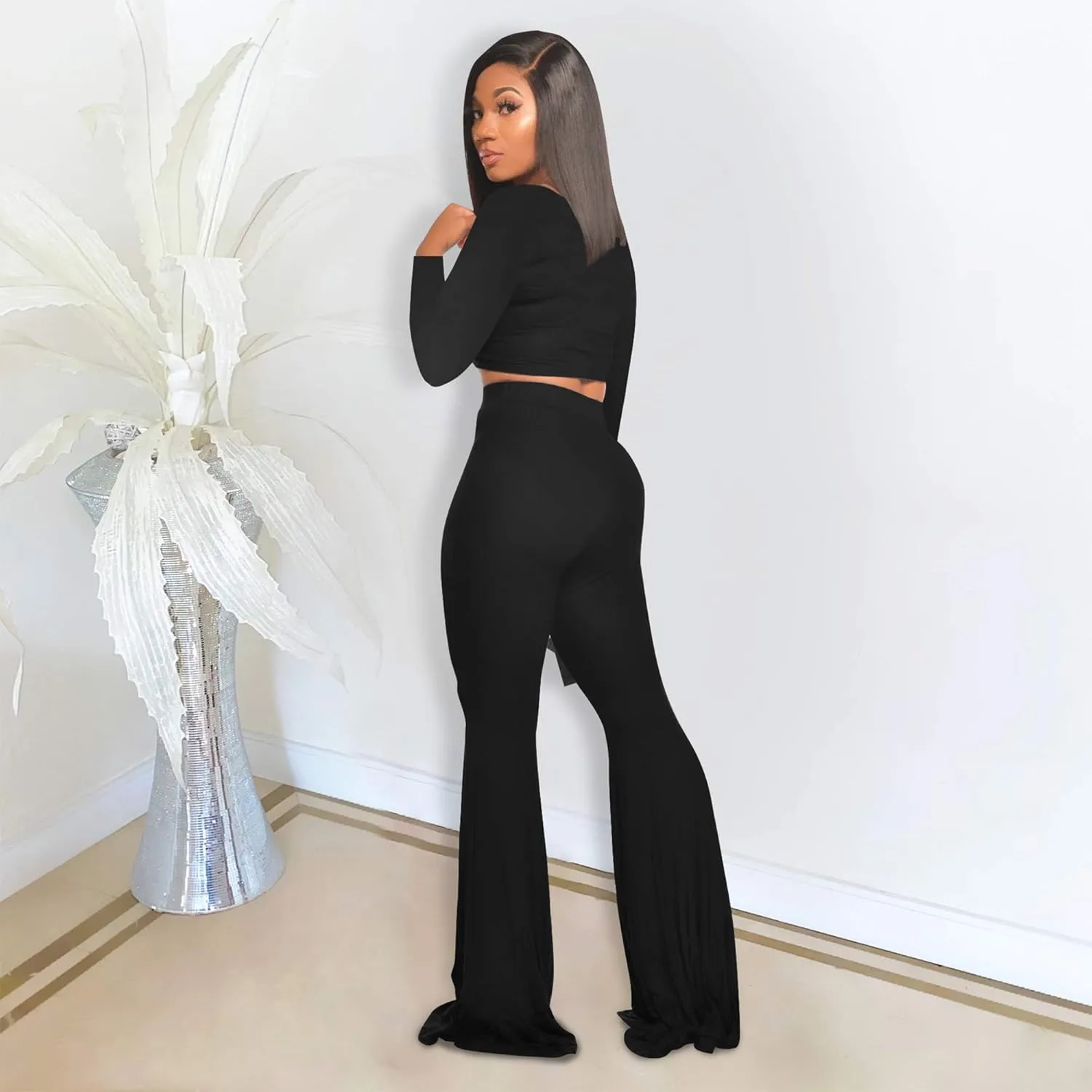 Two Piece Outfits for Women Sexy Crop Top   Flared Long Pants Sweat Suits Ribbed Fitted Tracksuits Yoga Set