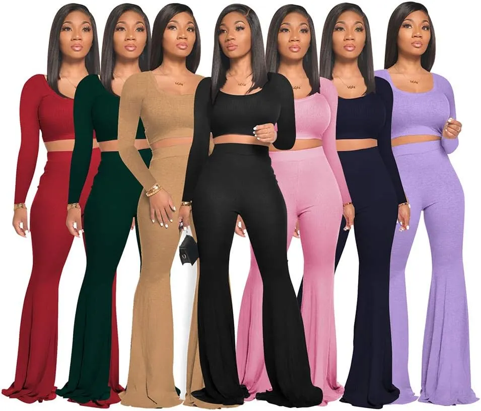 Two Piece Outfits for Women Sexy Crop Top   Flared Long Pants Sweat Suits Ribbed Fitted Tracksuits Yoga Set