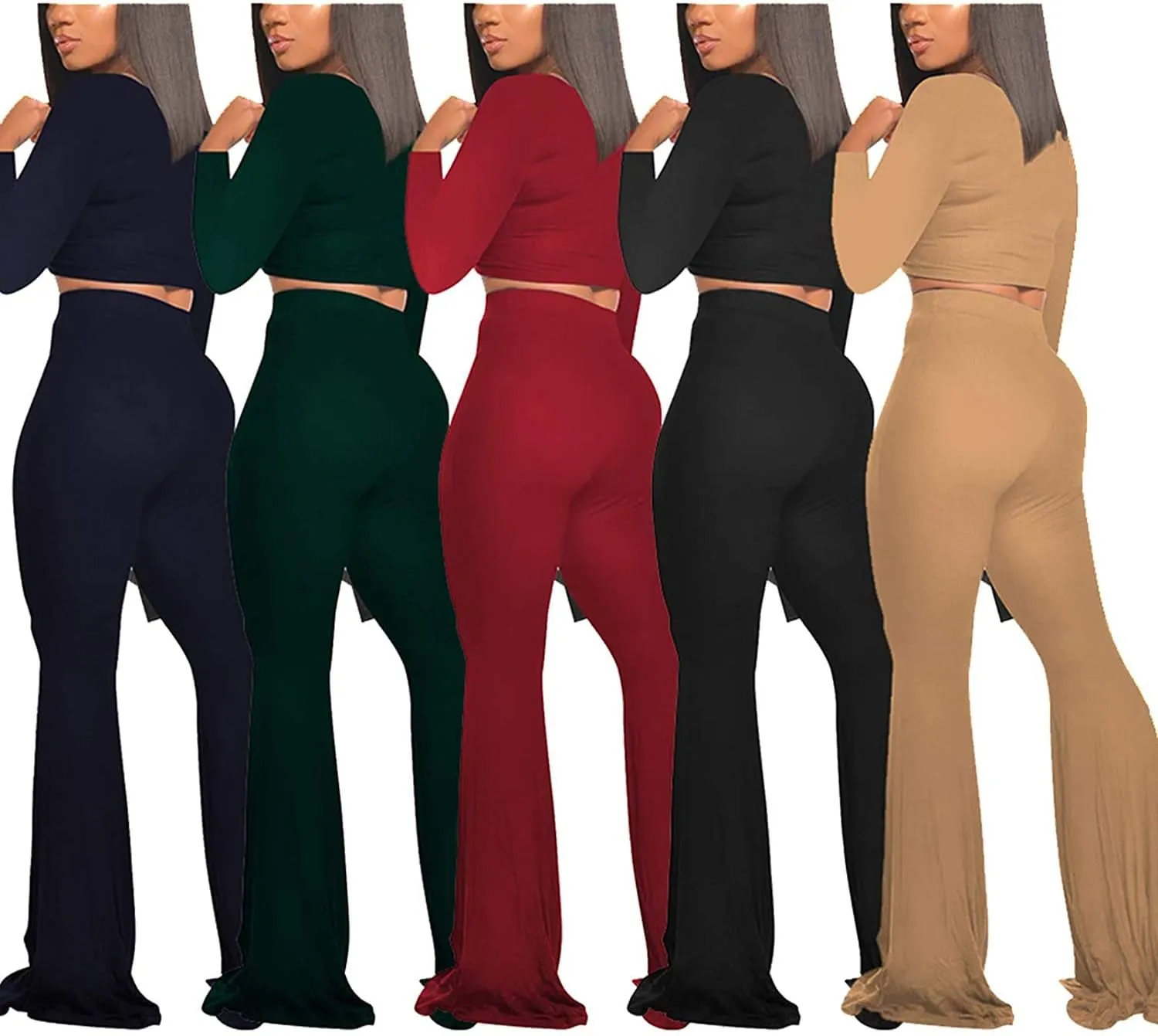 Two Piece Outfits for Women Sexy Crop Top   Flared Long Pants Sweat Suits Ribbed Fitted Tracksuits Yoga Set