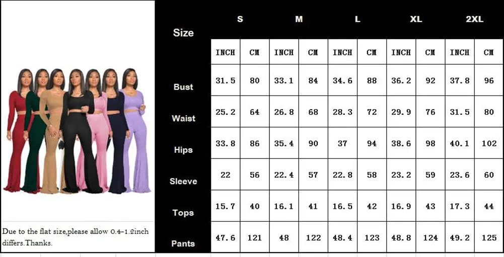 Two Piece Outfits for Women Sexy Crop Top   Flared Long Pants Sweat Suits Ribbed Fitted Tracksuits Yoga Set