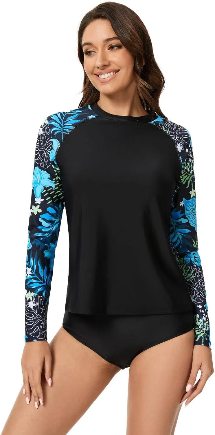 Two Piece Rash Guard for Women Sun Protection UPF 50  Long Sleeve Swimsuits Quick Dry Swim Shirts