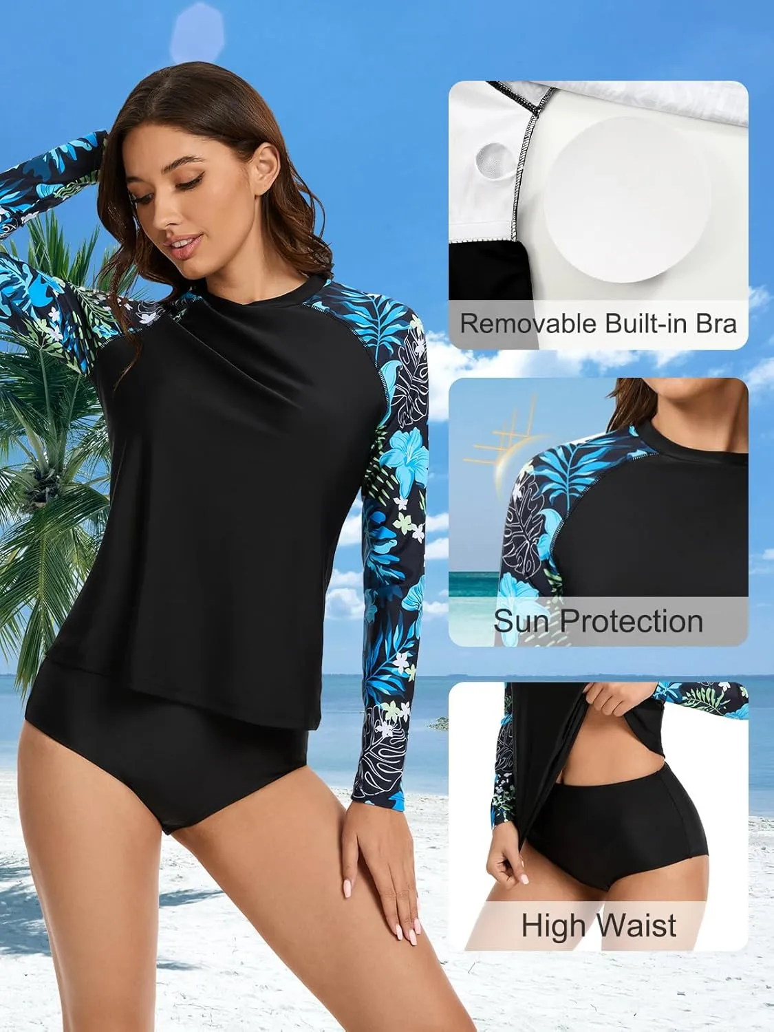 Two Piece Rash Guard for Women Sun Protection UPF 50  Long Sleeve Swimsuits Quick Dry Swim Shirts