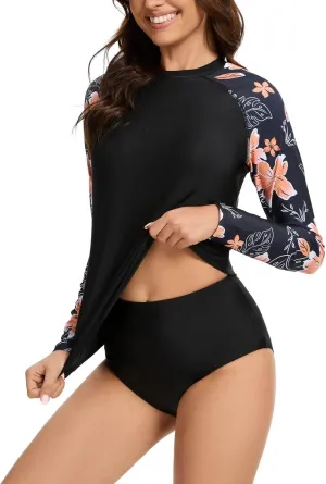 Two Piece Rash Guard for Women Sun Protection UPF 50  Long Sleeve Swimsuits Quick Dry Swim Shirts