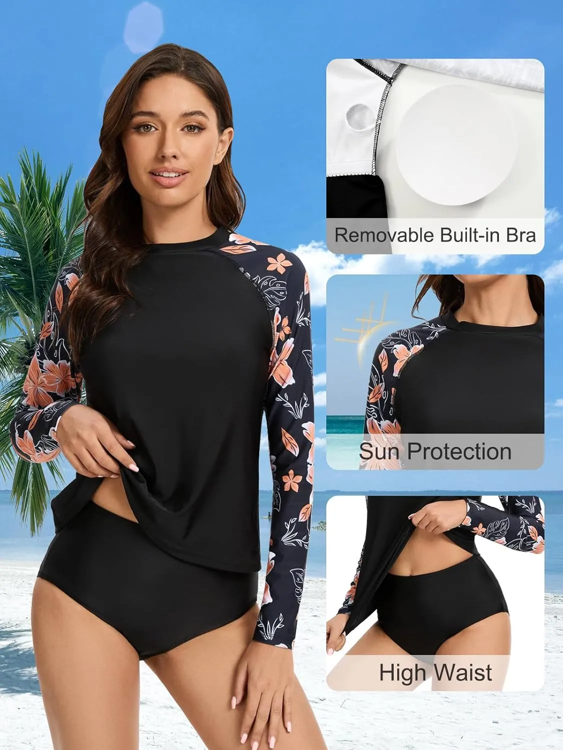 Two Piece Rash Guard for Women Sun Protection UPF 50  Long Sleeve Swimsuits Quick Dry Swim Shirts