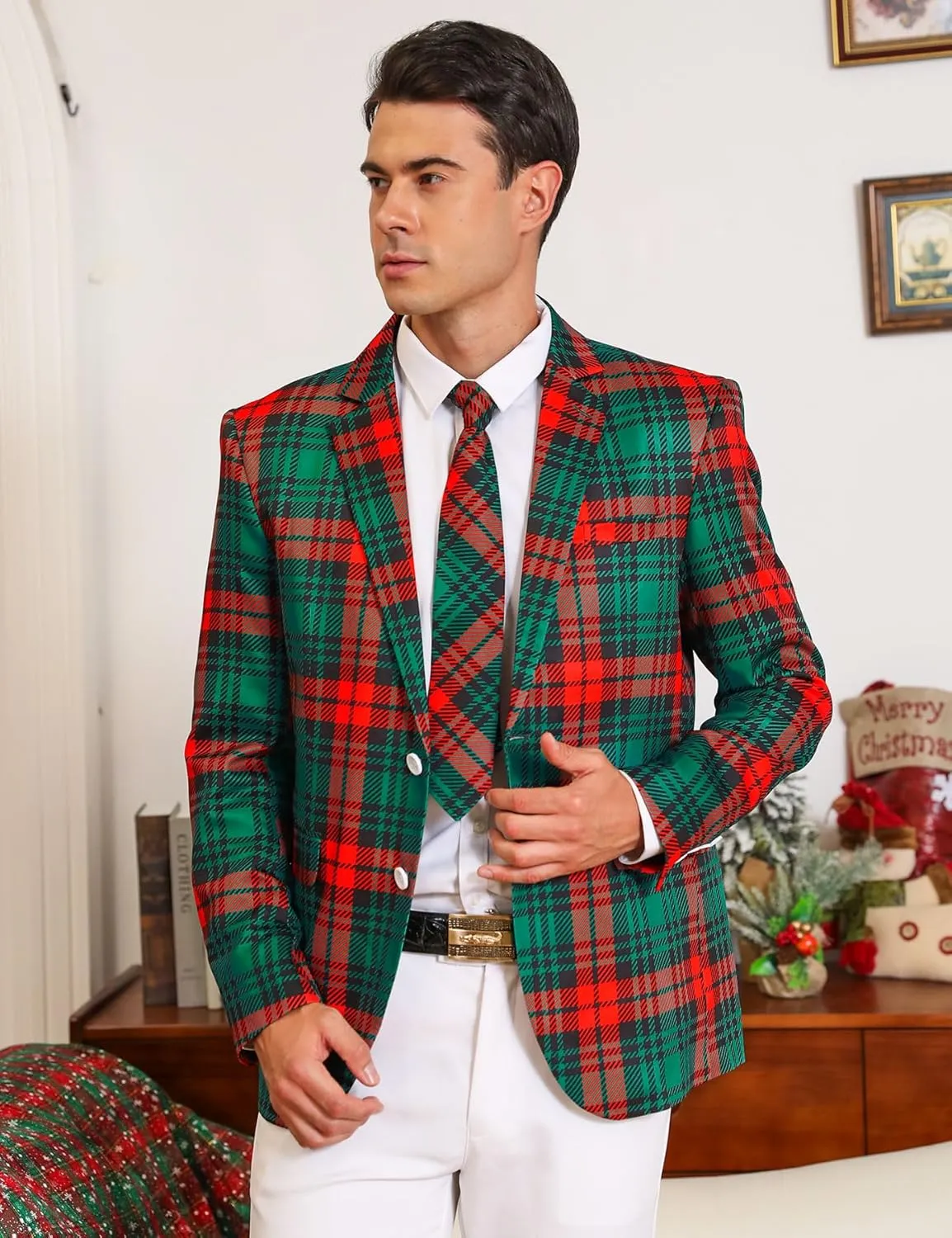 uideazone Men's Christmas Blazer Suit 3D Printed Tuxedo Jacket Xmas Party Sports Coat with Tie for Dinner,Prom,Wedding