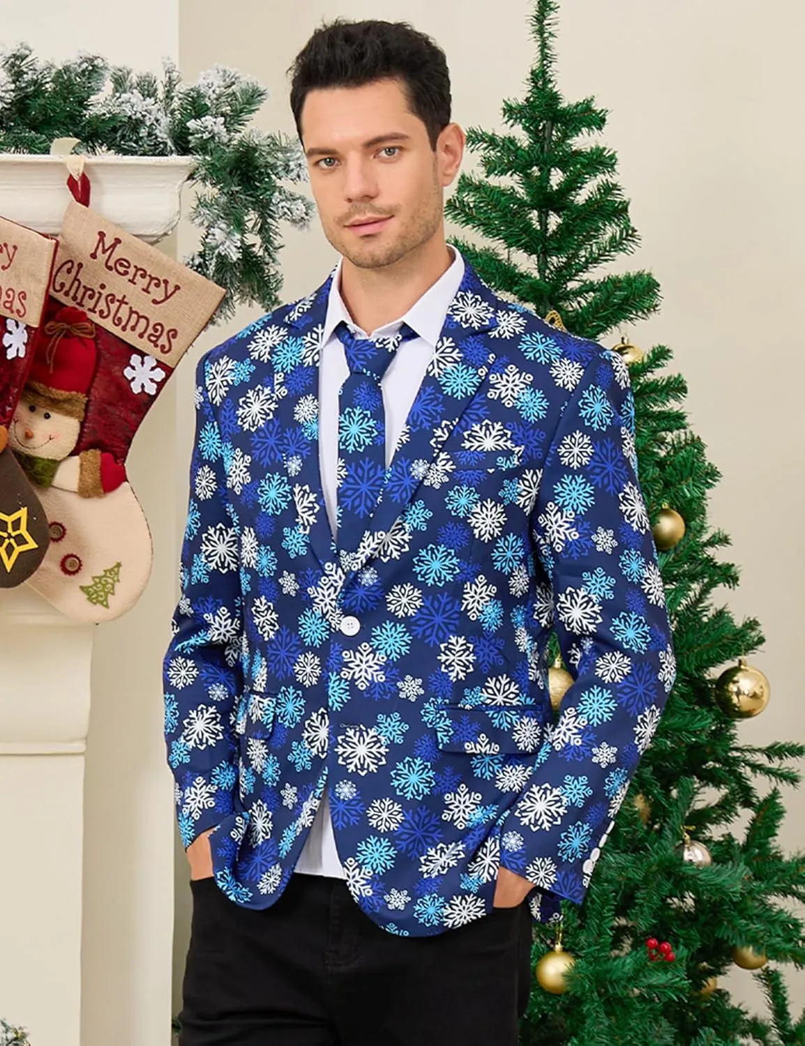uideazone Men's Christmas Blazer Suit 3D Printed Tuxedo Jacket Xmas Party Sports Coat with Tie for Dinner,Prom,Wedding