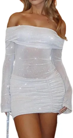 Uni Clau Women Sexy Off Shoulder Sparkly Mini Dresses Long Sleeve Bodycon Ruched Y2K Dress Mesh Birthday Party Club Dress