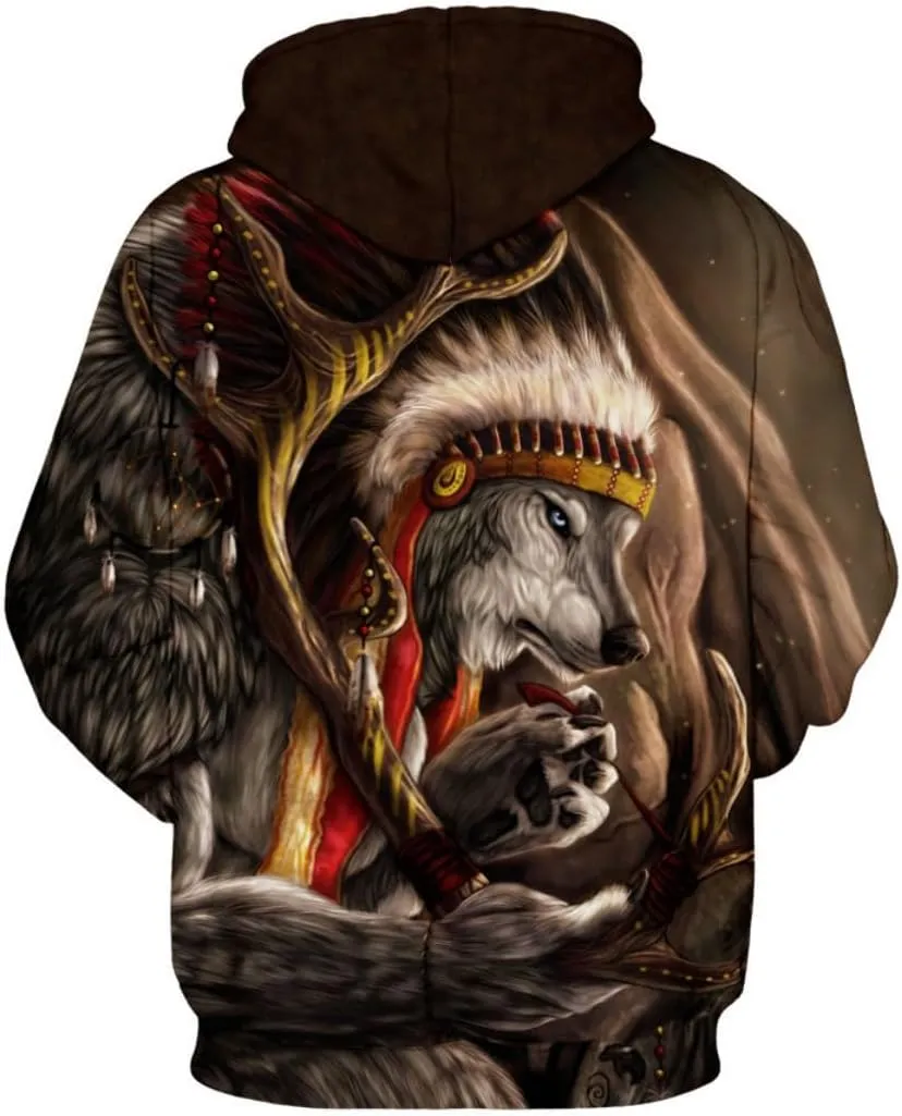 Unisex Wolf Print Hooded Sweatshirt - Oversized men's women's streetwear pullover with digital print