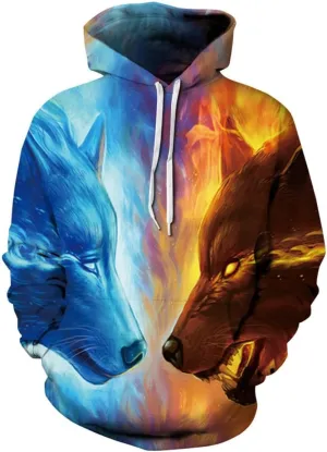 Unisex Wolf Print Hooded Sweatshirt - Oversized men's women's streetwear pullover with digital print