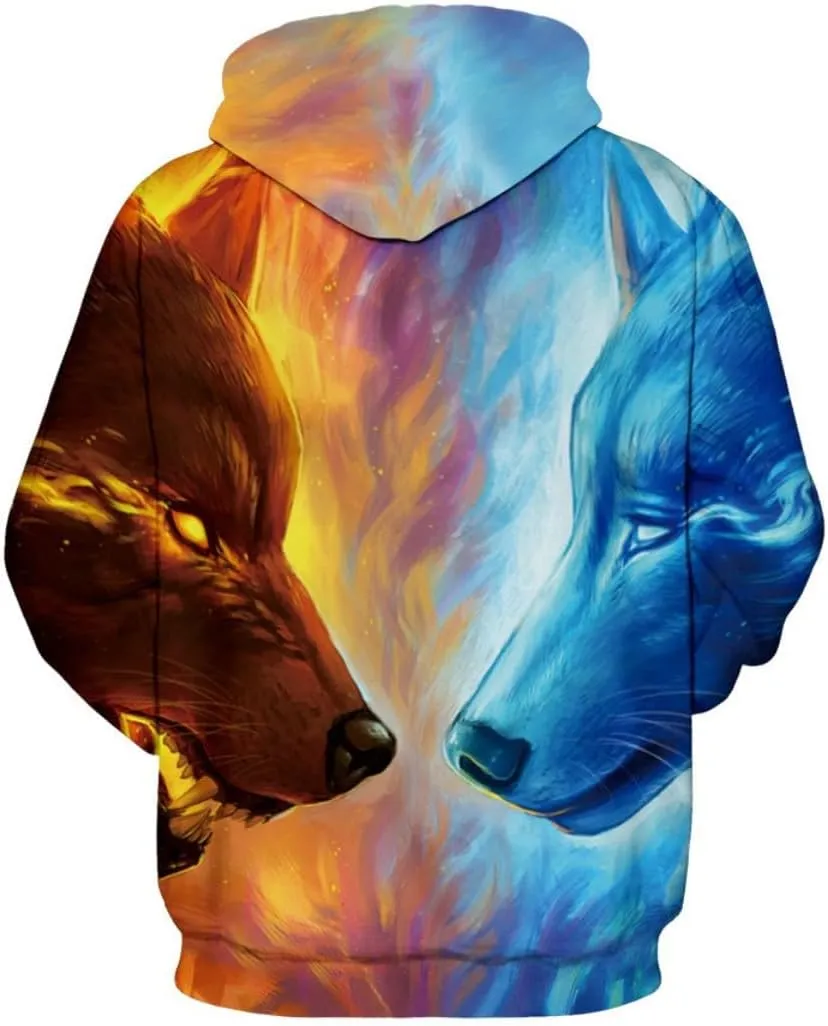 Unisex Wolf Print Hooded Sweatshirt - Oversized men's women's streetwear pullover with digital print