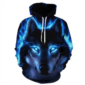 Unisex Wolf Print Hooded Sweatshirt - Oversized men's women's streetwear pullover with digital print