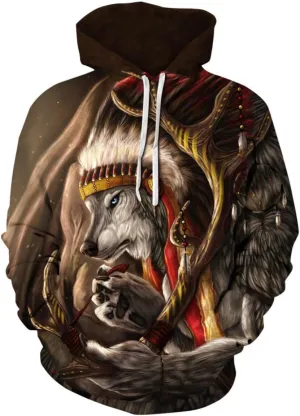 Unisex Wolf Print Hooded Sweatshirt - Oversized men's women's streetwear pullover with digital print