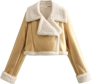 utcoco Womens Leather Jacket Faux Fur Moto Jacket Winter Trench Coat Cropped Shearling Jacket