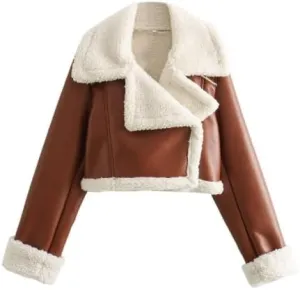 utcoco Womens Leather Jacket Faux Fur Moto Jacket Winter Trench Coat Cropped Shearling Jacket