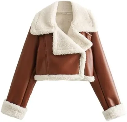 utcoco Womens Leather Jacket Faux Fur Moto Jacket Winter Trench Coat Cropped Shearling Jacket