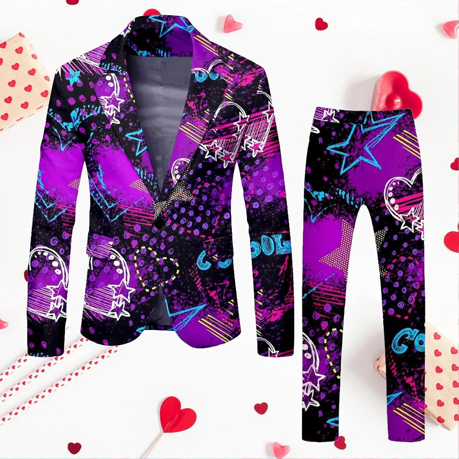 Valentine's Day Suit for Men Heart Printing 2 Piece One Button Peak Lapel Suit Jacket Wedding Prom Dress Outfit