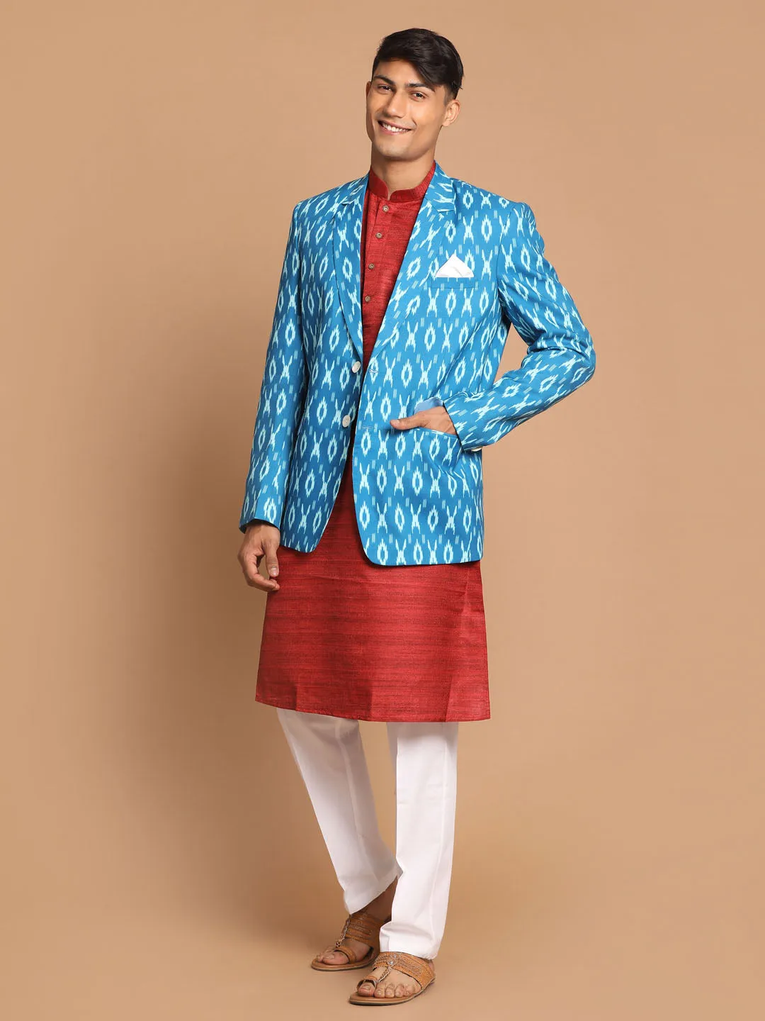 VASTRAMAY Blue Ikkat Blazer and Kurta Set