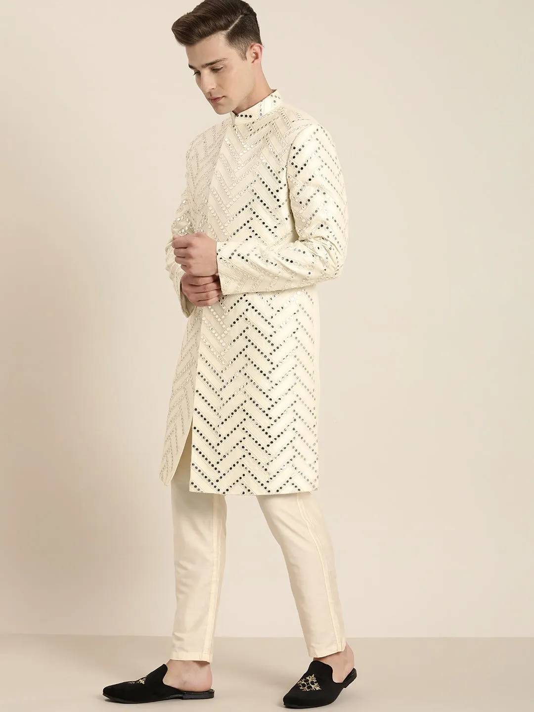 Vastramay Cream Mirror Indo Western Sherwani