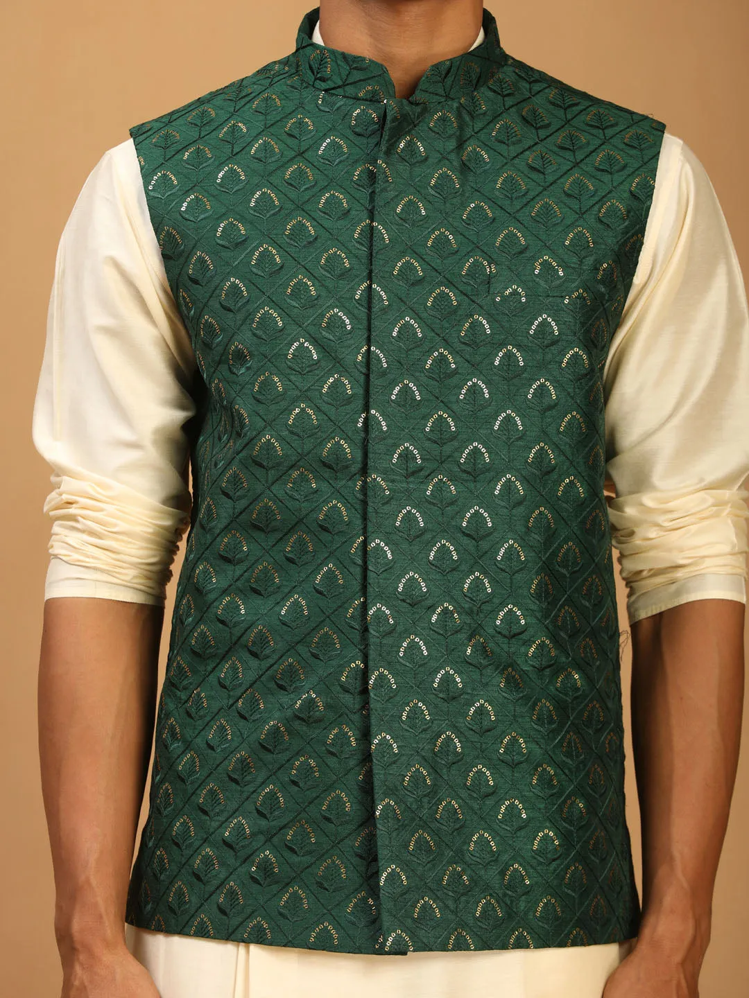 Vastramay Men's Green Jacket & Cream Kurta