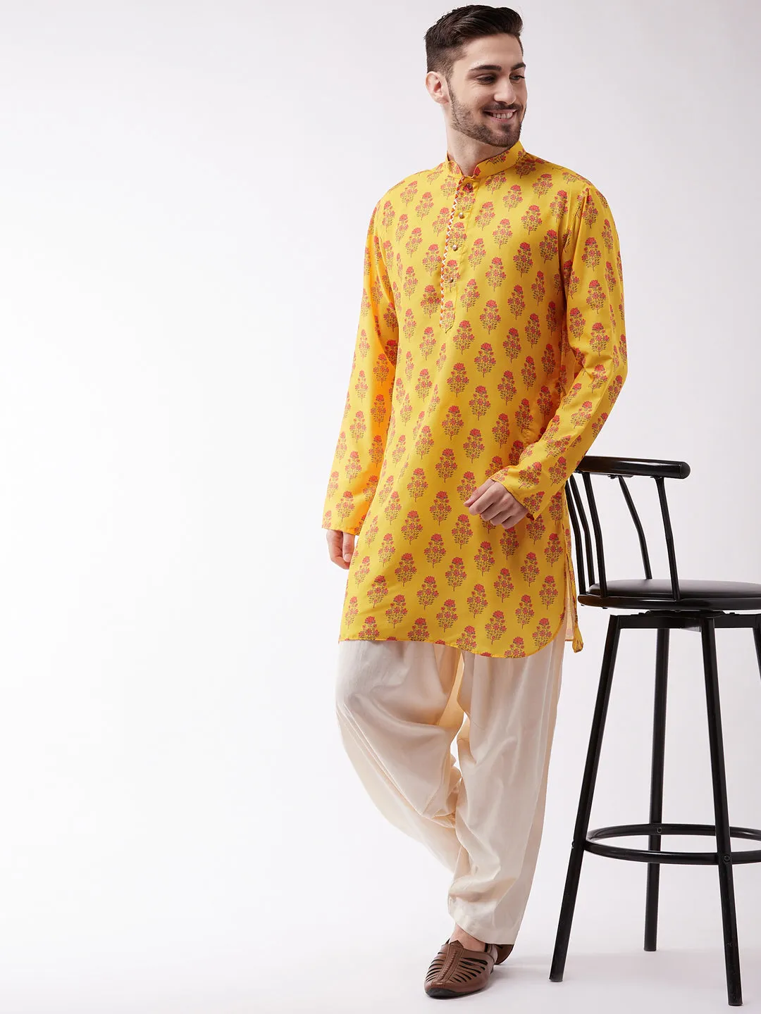 Vastramay Men's Mustard & Cream Cotton Kurta Set