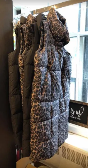 VEGAN DOWN LONG VEST -leopard