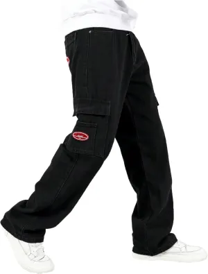 Verdusa Men's Denim Cargo Pants Letter Patched Straight Leg Streetwear Jeans Trousers