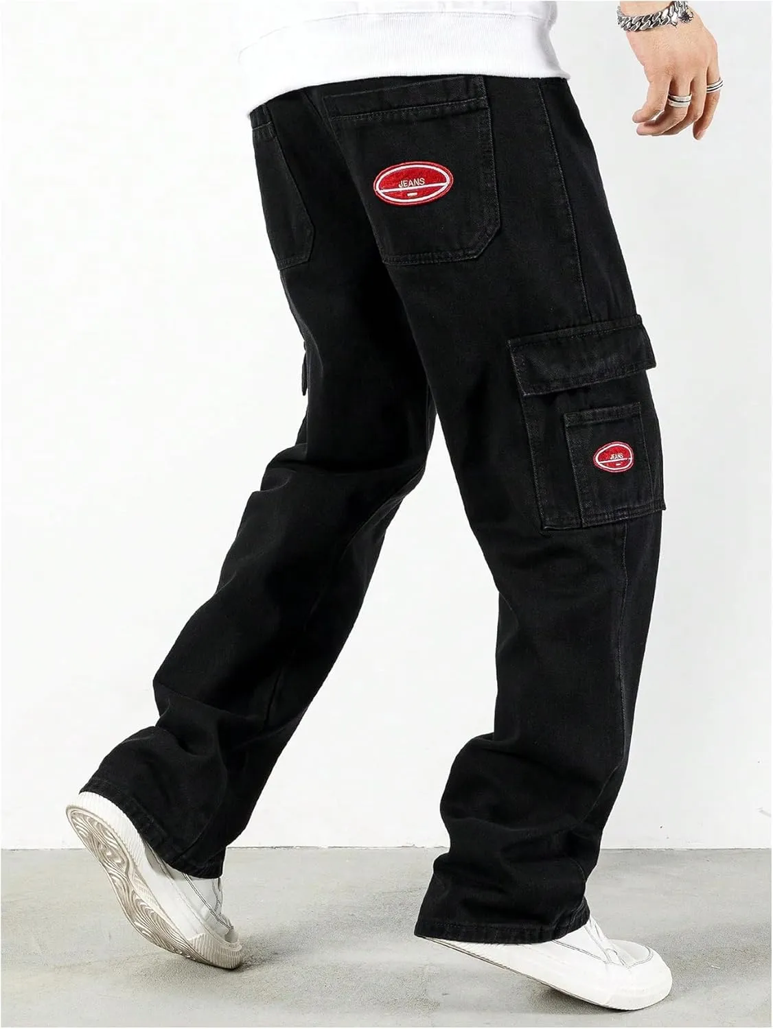 Verdusa Men's Denim Cargo Pants Letter Patched Straight Leg Streetwear Jeans Trousers