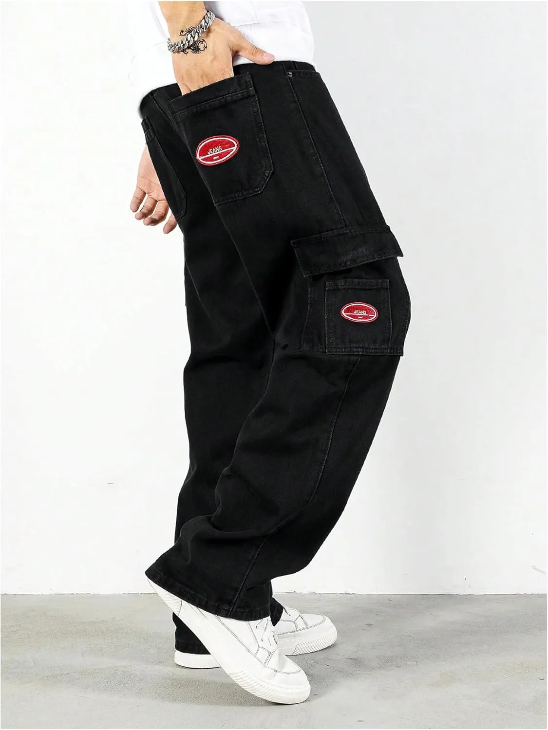 Verdusa Men's Denim Cargo Pants Letter Patched Straight Leg Streetwear Jeans Trousers