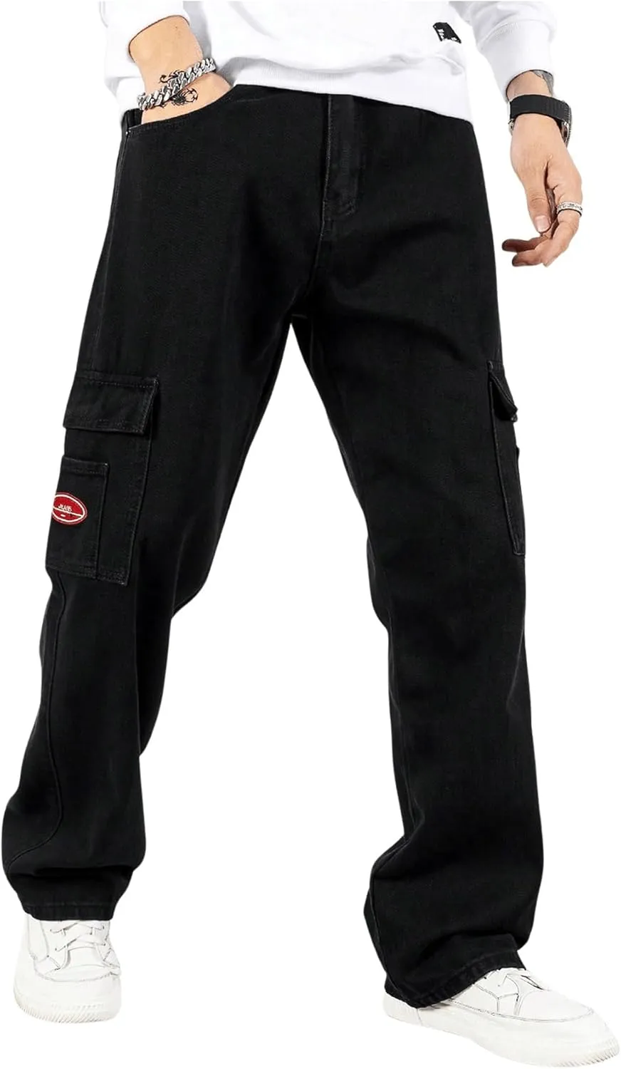 Verdusa Men's Denim Cargo Pants Letter Patched Straight Leg Streetwear Jeans Trousers