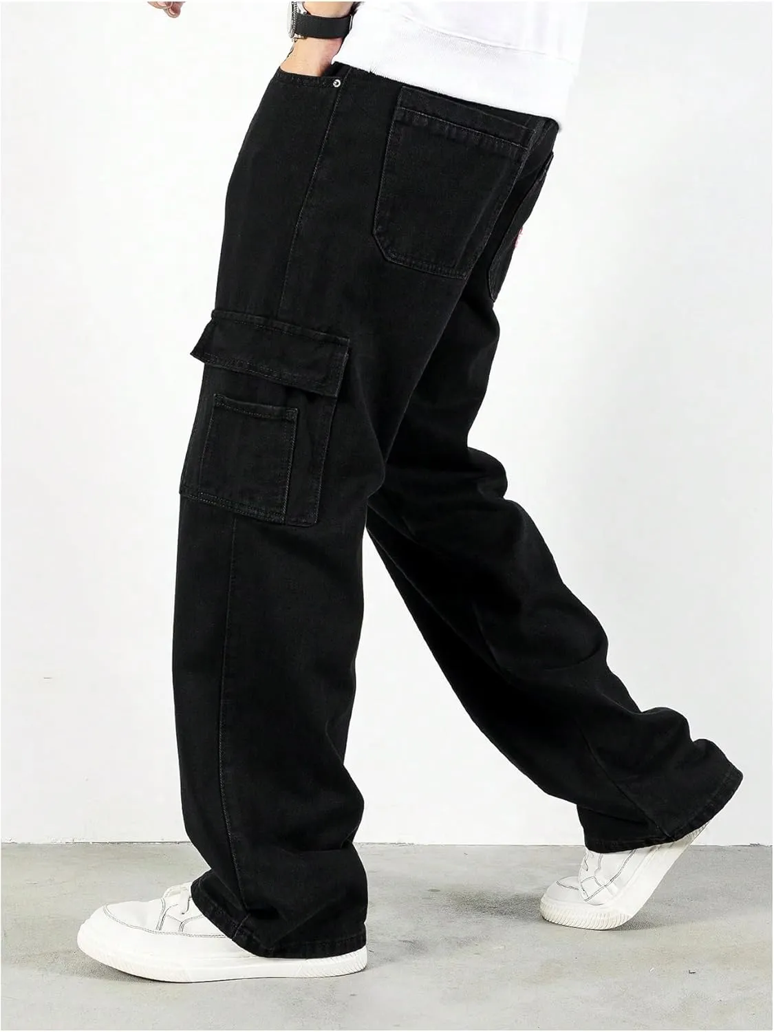 Verdusa Men's Denim Cargo Pants Letter Patched Straight Leg Streetwear Jeans Trousers