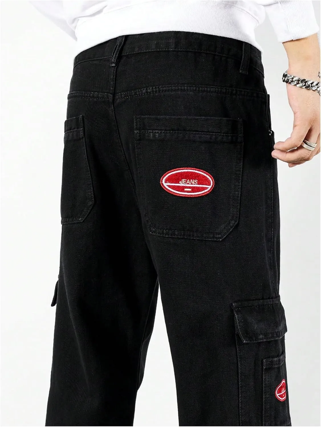 Verdusa Men's Denim Cargo Pants Letter Patched Straight Leg Streetwear Jeans Trousers