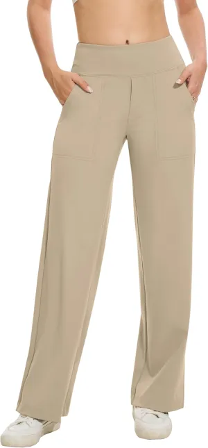 VIMPEP Women's 29 Wide Leg Pants High Waist Stretch Yoga Pants with Pockets Workout Dress Sweatpants Petite 107
