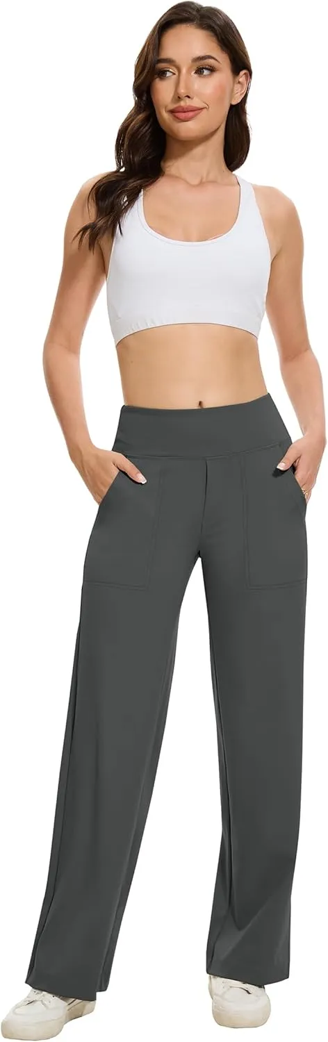 VIMPEP Women's 29 Wide Leg Pants High Waist Stretch Yoga Pants with Pockets Workout Dress Sweatpants Petite 107