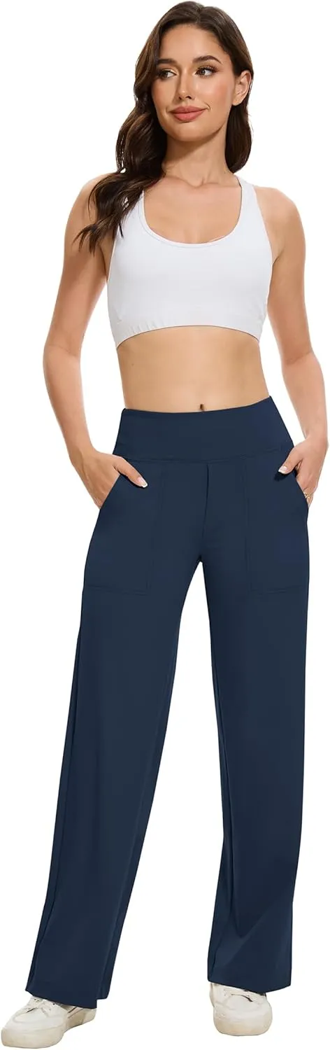 VIMPEP Women's 29 Wide Leg Pants High Waist Stretch Yoga Pants with Pockets Workout Dress Sweatpants Petite 107