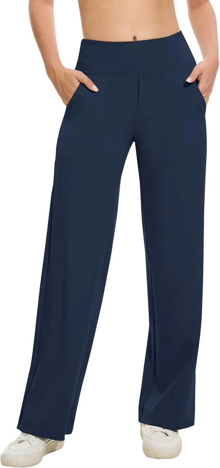 VIMPEP Women's 29 Wide Leg Pants High Waist Stretch Yoga Pants with Pockets Workout Dress Sweatpants Petite 107