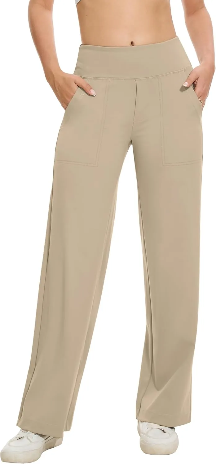 VIMPEP Women's 29 Wide Leg Pants High Waist Stretch Yoga Pants with Pockets Workout Dress Sweatpants Petite 107