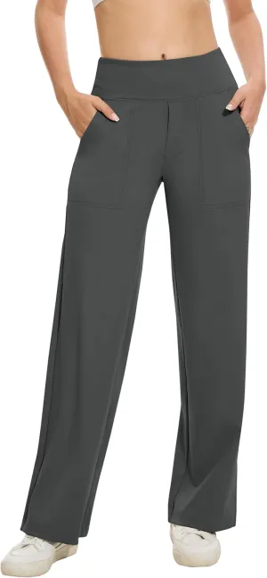 VIMPEP Women's 29 Wide Leg Pants High Waist Stretch Yoga Pants with Pockets Workout Dress Sweatpants Petite 107