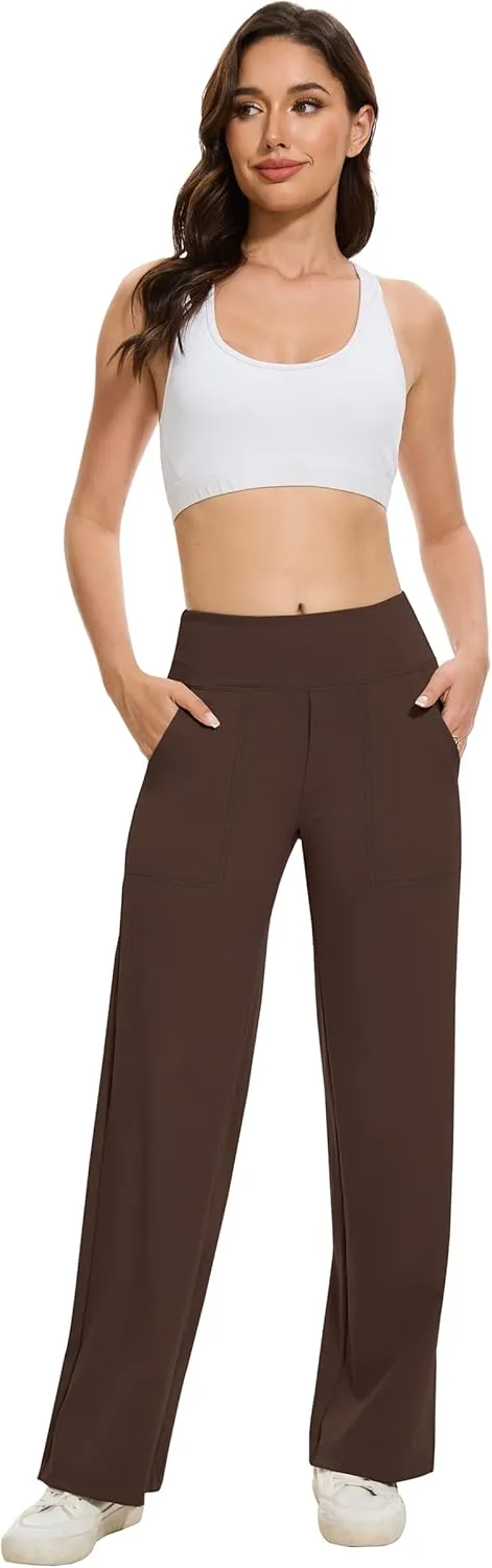 VIMPEP Women's 29 Wide Leg Pants High Waist Stretch Yoga Pants with Pockets Workout Dress Sweatpants Petite 107