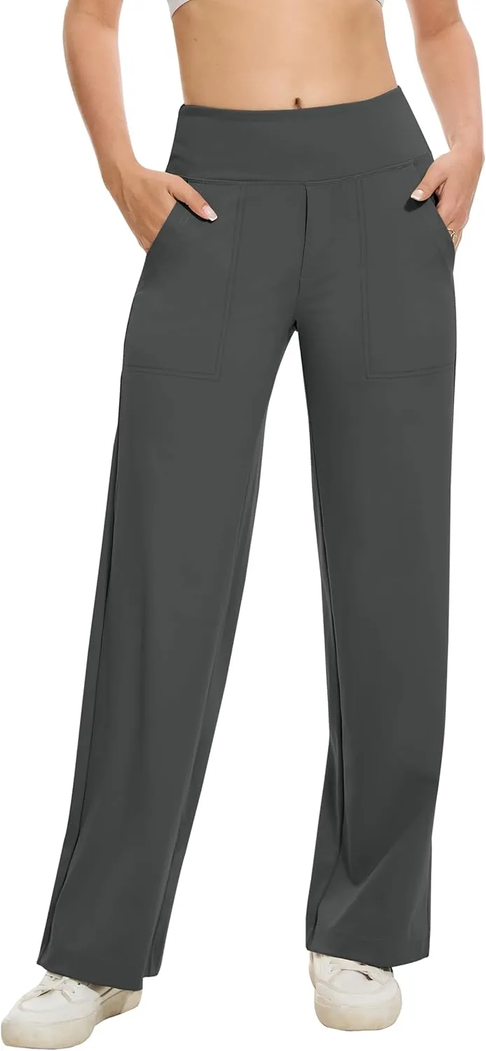 VIMPEP Women's 29 Wide Leg Pants High Waist Stretch Yoga Pants with Pockets Workout Dress Sweatpants Petite 107