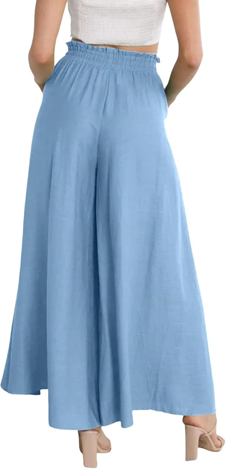 Vrtige Women's Drawstring Elastic High Waist Wide Leg Palazzo Pants Trousers with Pockets