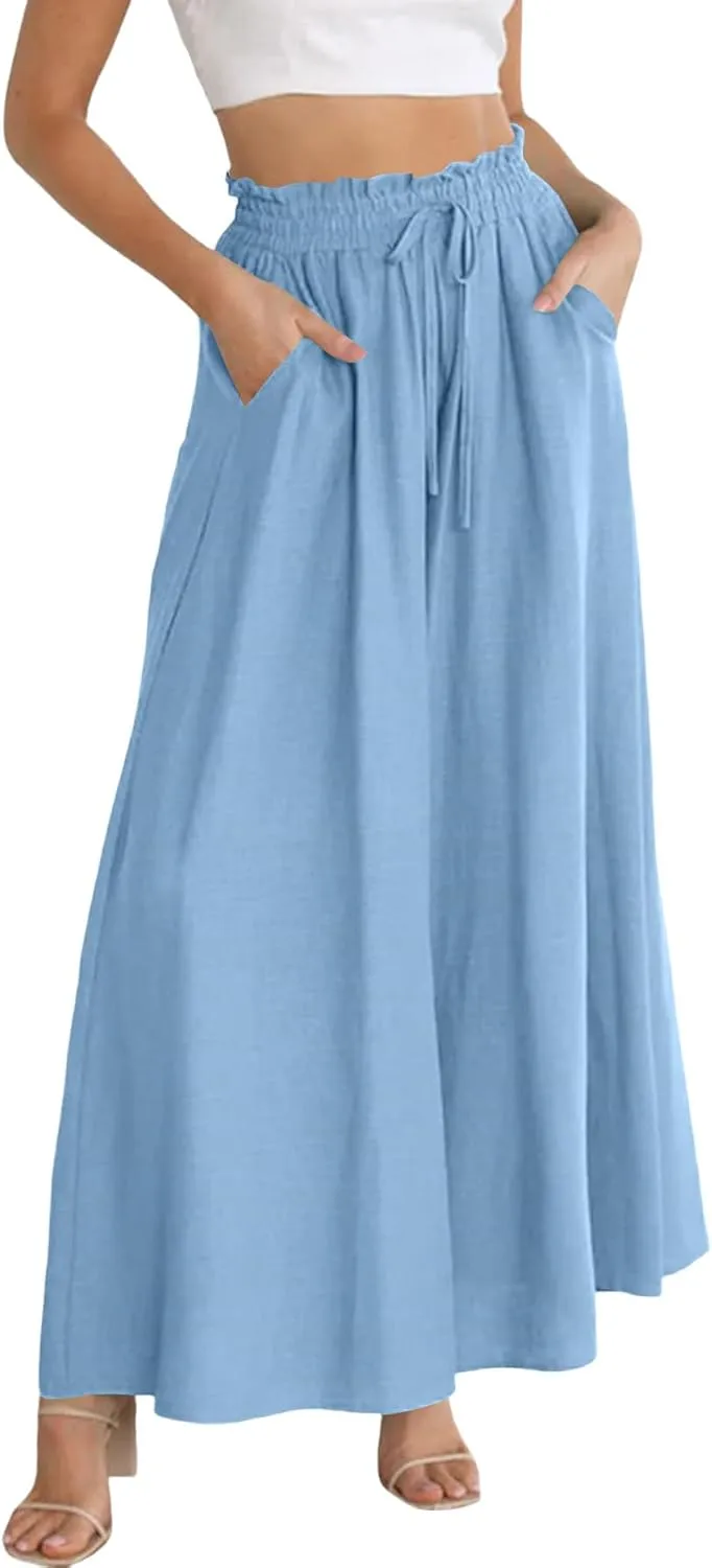 Vrtige Women's Drawstring Elastic High Waist Wide Leg Palazzo Pants Trousers with Pockets