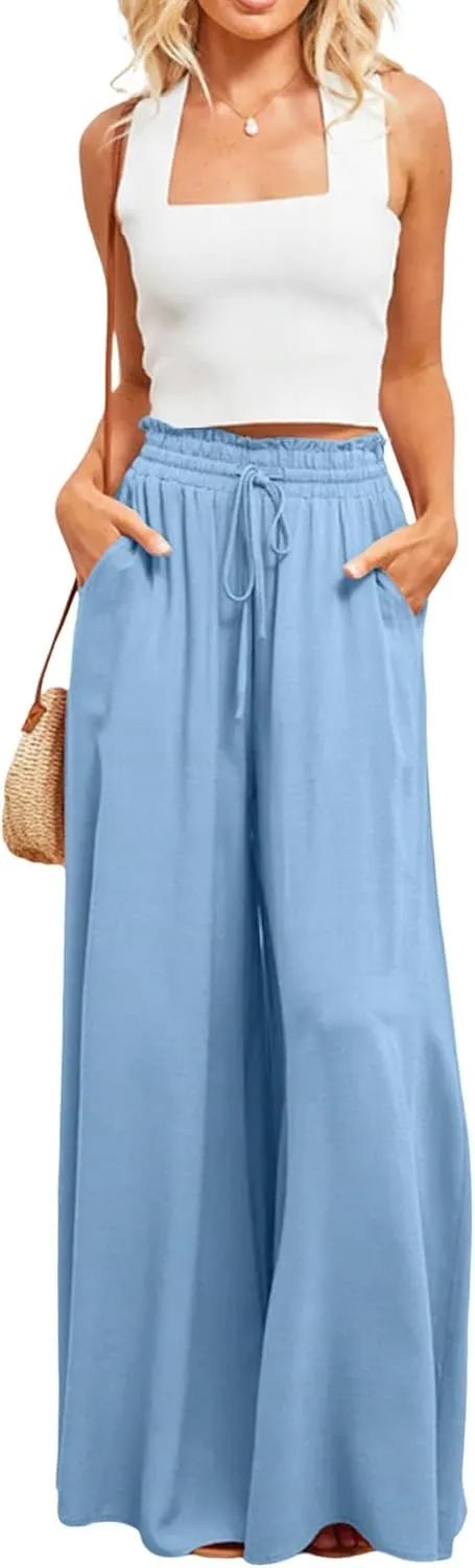 Vrtige Women's Drawstring Elastic High Waist Wide Leg Palazzo Pants Trousers with Pockets