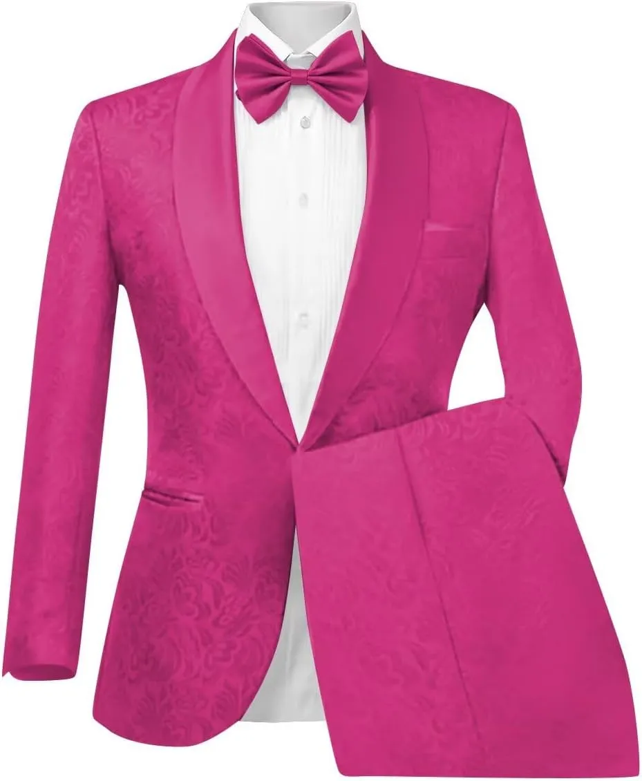 Wangyue Floral Printed Suit Men's 2 Piece Suits One Button Party Wedding Jacquard Tuxedo Shawl Lapel Blazer Pants Set