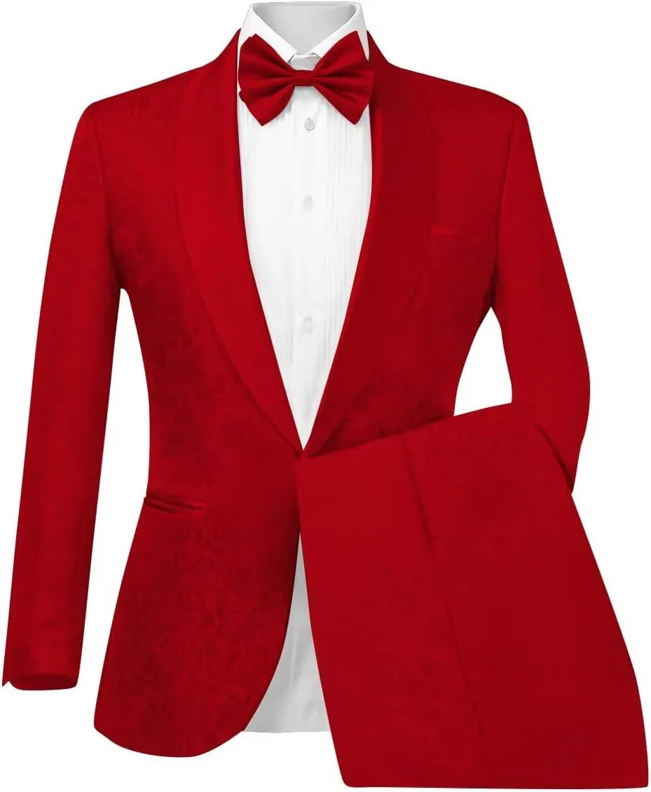 Wangyue Floral Printed Suit Men's 2 Piece Suits One Button Party Wedding Jacquard Tuxedo Shawl Lapel Blazer Pants Set