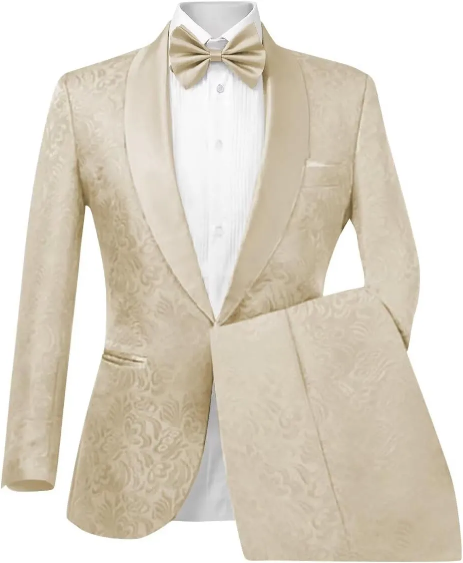 Wangyue Floral Printed Suit Men's 2 Piece Suits One Button Party Wedding Jacquard Tuxedo Shawl Lapel Blazer Pants Set