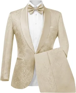 Wangyue Floral Printed Suit Men's 2 Piece Suits One Button Party Wedding Jacquard Tuxedo Shawl Lapel Blazer Pants Set