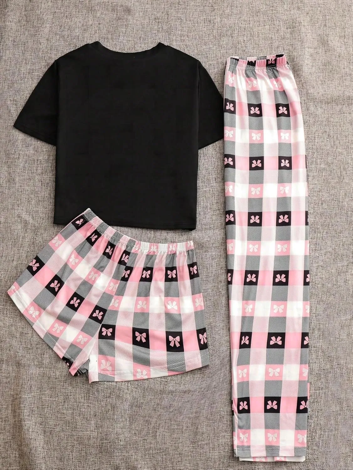 WDIRARA Women's 3 Piece Pajama Set Plaid Bow Print Sleepwear Short Sleeve T Shirt and Shorts Pants Lounge Set