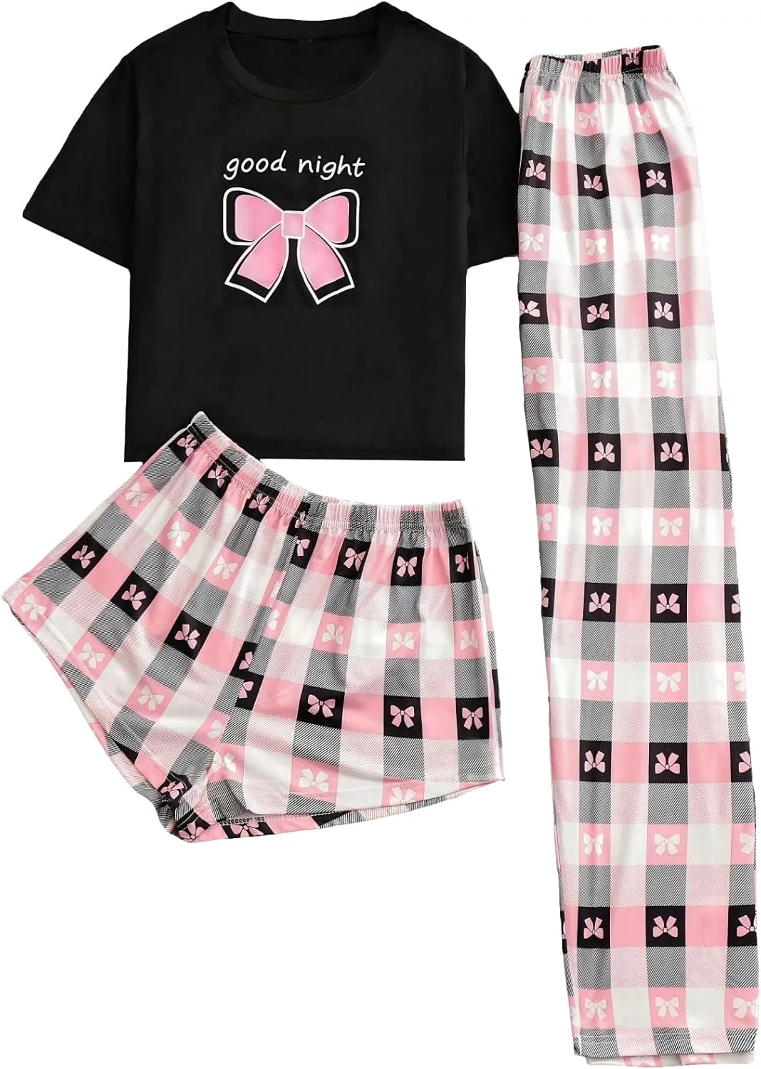 WDIRARA Women's 3 Piece Pajama Set Plaid Bow Print Sleepwear Short Sleeve T Shirt and Shorts Pants Lounge Set